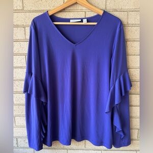 Susan Graver V-Neck Top with Ruffled Sleeves in Purple Large